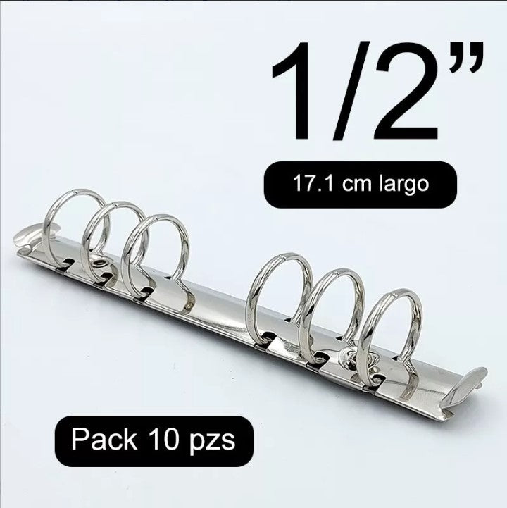 Pack de 10 mecanismos de 1/2 de pulgada con 17.1 cm de largo, listo para instalar, con palancas laterales para abrir. Acabado niquelado (plata) y seis argollas con capacidad para 200 hojas. Base de 20 mm de ancho y separación entre argollas de 19 mm, 19 mm, 51 mm (centro), 19 mm, 19 mm. Ideal para carpetas de bolsillo, agendas, directorios y materiales de encuadernación. Pack de 10 mecanismos de 1/2 de pulgada con 17.1 cm de largo, listo para instalar, con palancas laterales para abrir. Acabado niquelado (plata) y seis argollas con capacidad para 200 hojas. Base de 20 mm de ancho y separación entre argollas de 19 mm, 19 mm, 51 mm (centro), 19 mm, 19 mm. Ideal para carpetas de bolsillo, agendas, directorios y materiales de encuadernación.